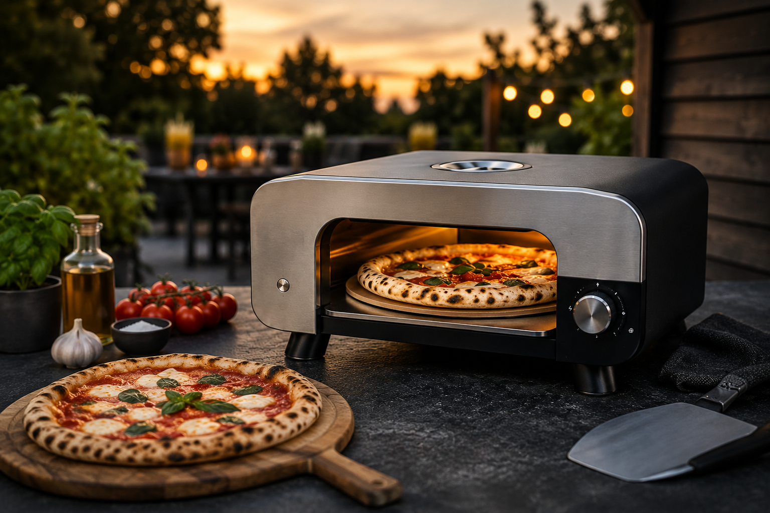 Pizzaofen und frisch gebackene Pizza in einer Outdoor-Küche bei Abendlicht